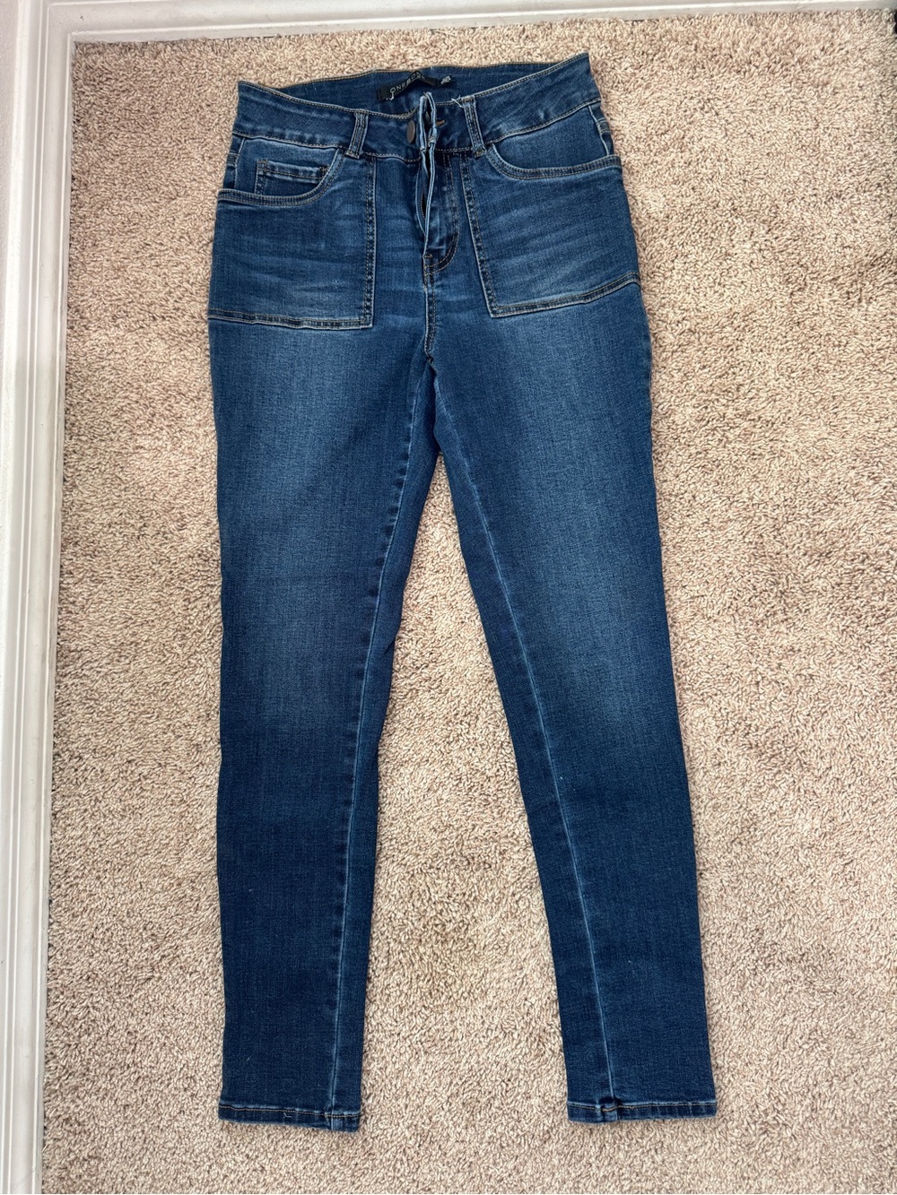 one 5 one Women's Skinny Dark Blue Drawstring Jeans with Front Patch Pockets